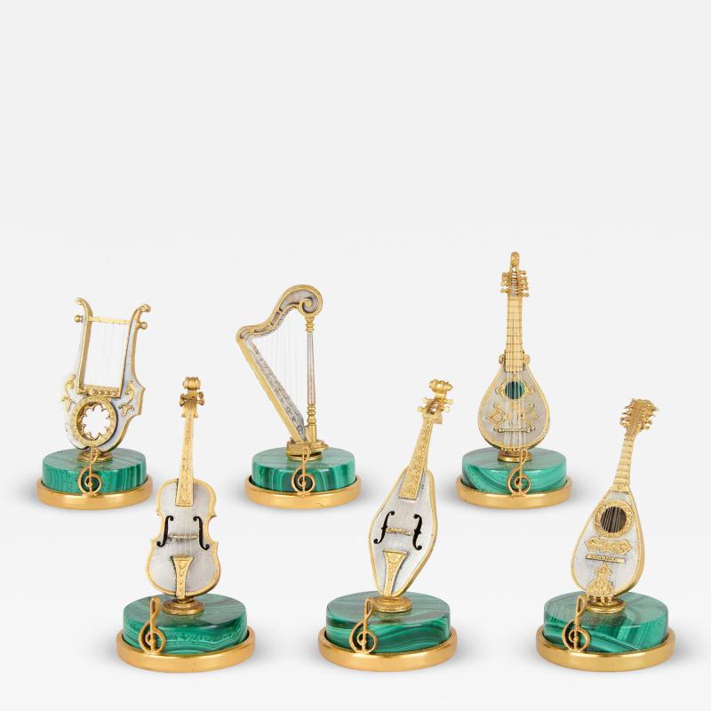 Italian collection of miniature silver vermeil malachite musical instruments