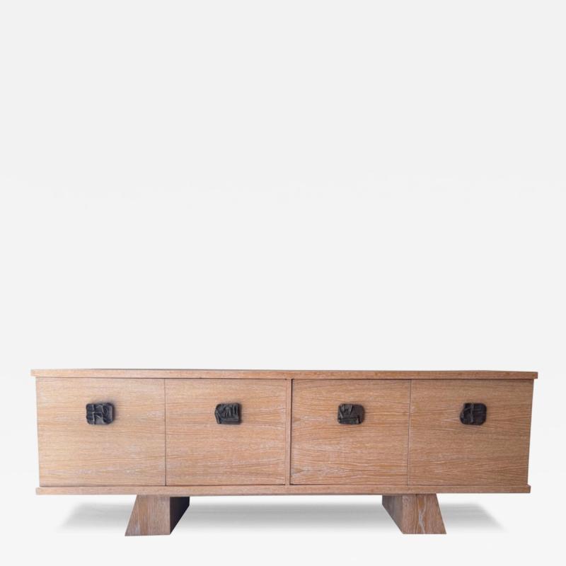 Italian four doors limed wood sideboard with bronze handles