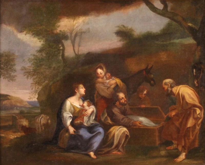 Italian painting landscape with family scene from the 18th century