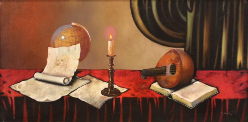 Italian painting still life with musical instruments from the 20th century