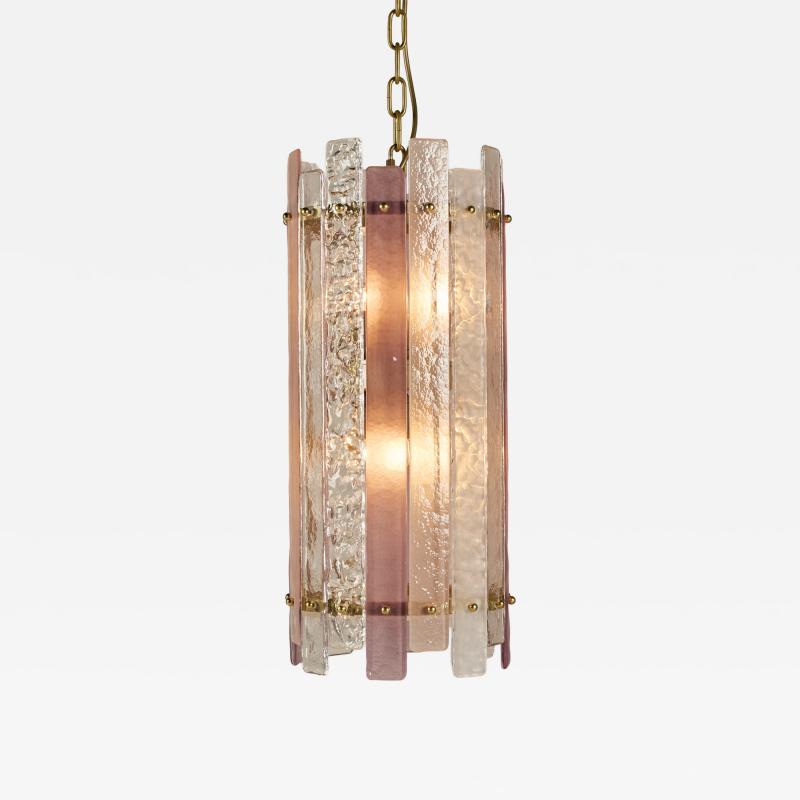 Italian pink and clear Murano glass and brass pendant