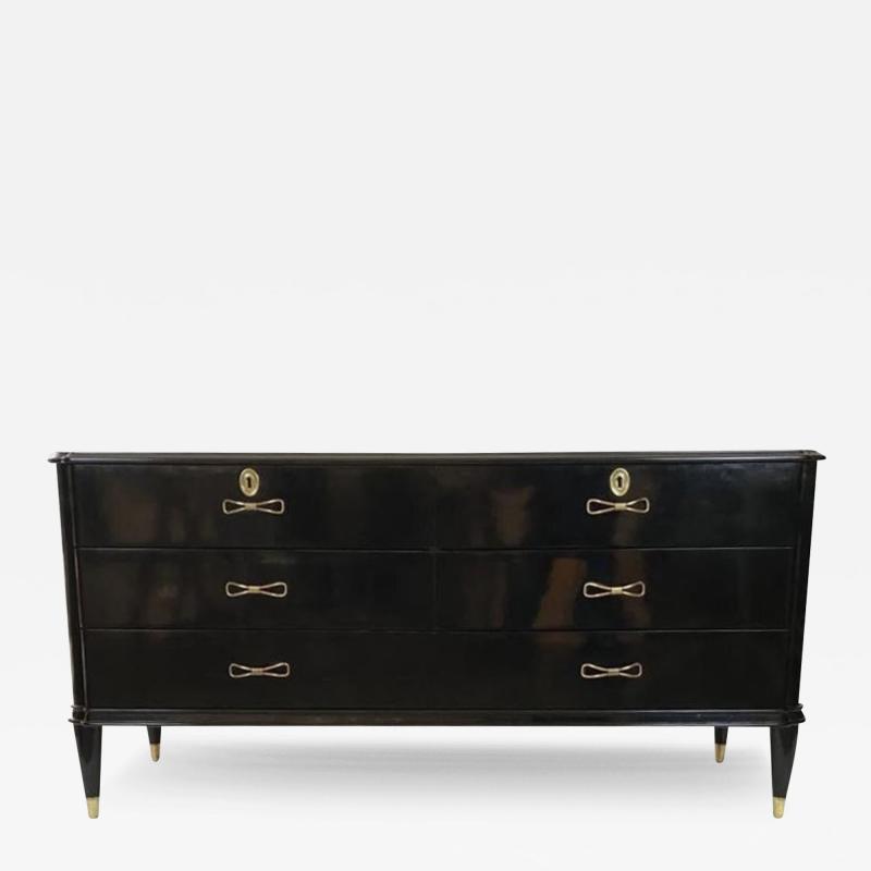 Italian six drawers black lacquer with brass handles commode