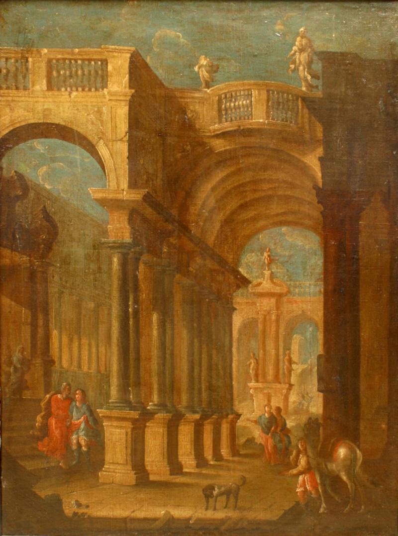 Italianate Capriccio Oil of Figures in Classical Ruins
