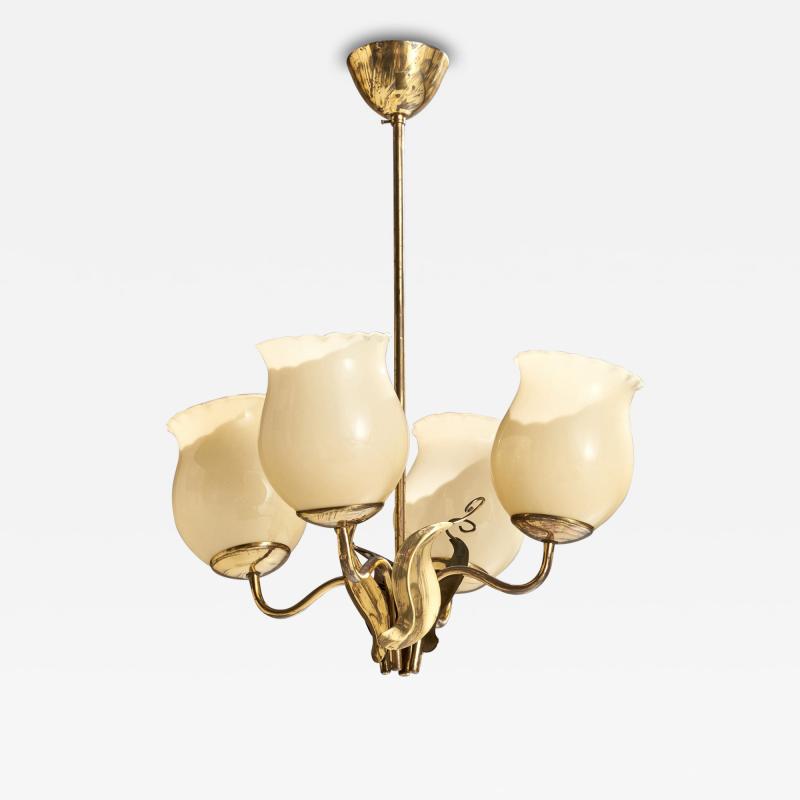 Itsu OY Chandelier with Brass and Glass Finland 1940s