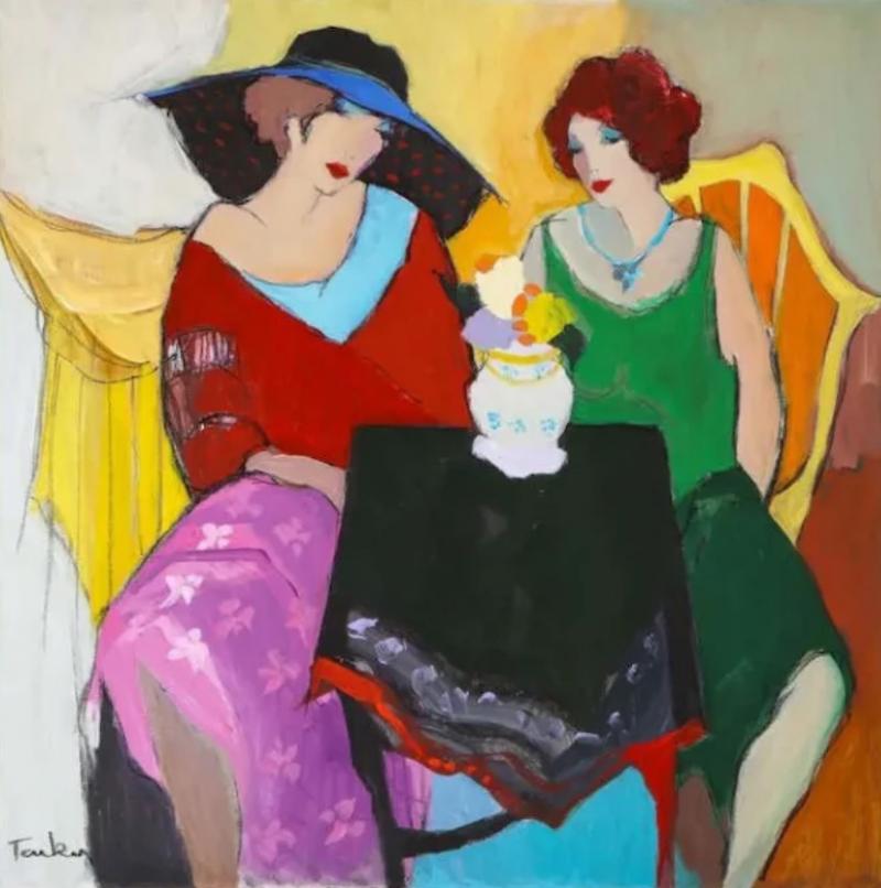 Itzchak Tarkay Israel 1935 2012 Two Woman at A Table Oil on Canvas Painting