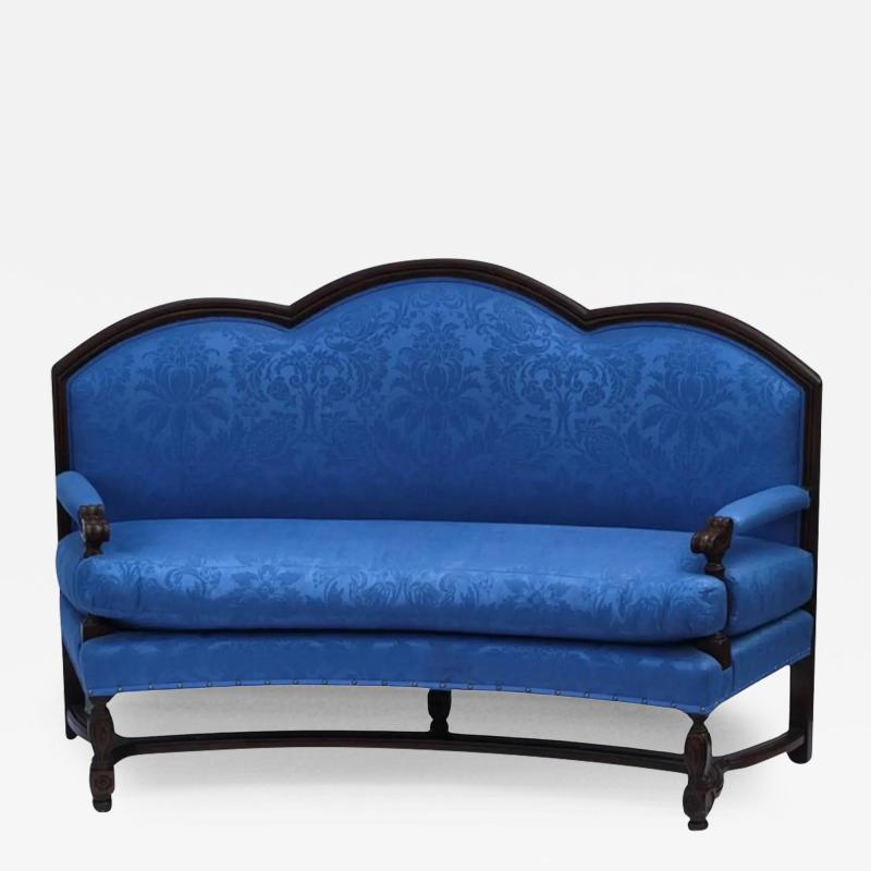 J A Schumacher 18th C Style Carved Walnut Schumacher Blue Damask Curved Sofa Settee