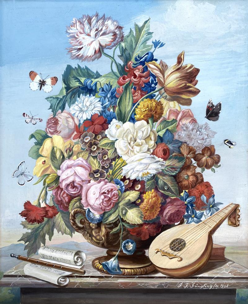 J Friedrich Jungling Floral Bouquet with Mandolin 