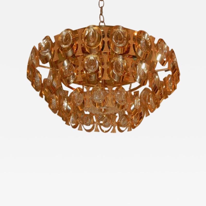 J L Lobmeyr Mid Century Lobmeyr Flush Mount Brass and Crystal Chandelier