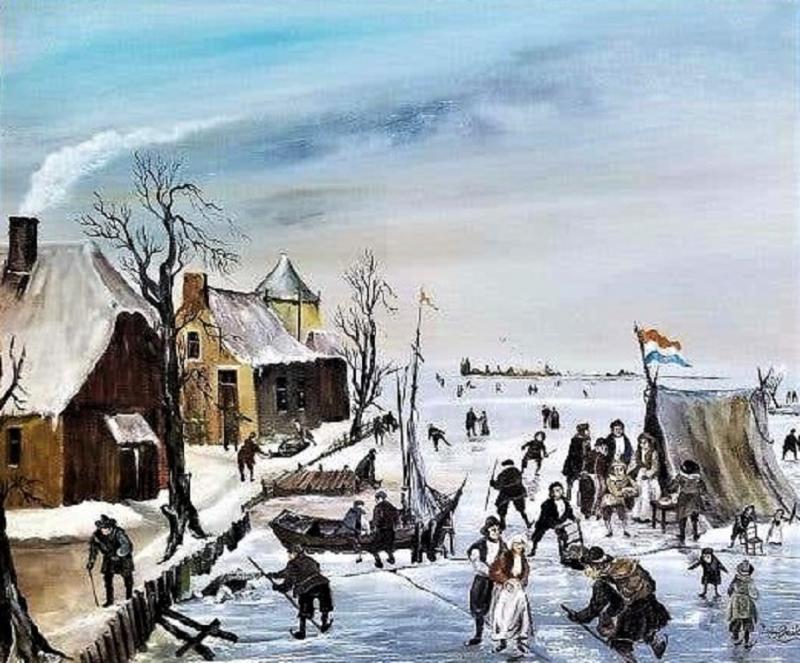 J Van Buiksloot Dutch Ice Skating Oil on Canvas by Van Buiksloot