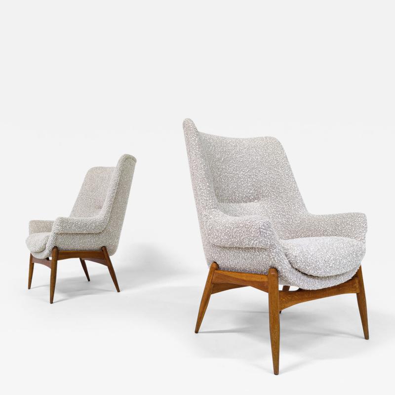 J lia Gaubek Pair of Mid Century Modern Armchairs by Julia Gaubek in Beige Boucle