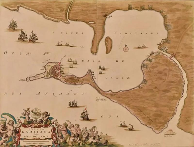 JOHANNES BLAEU Cadiz Island A Framed 17th Century Hand colored Map from Blaeus Atlas Major
