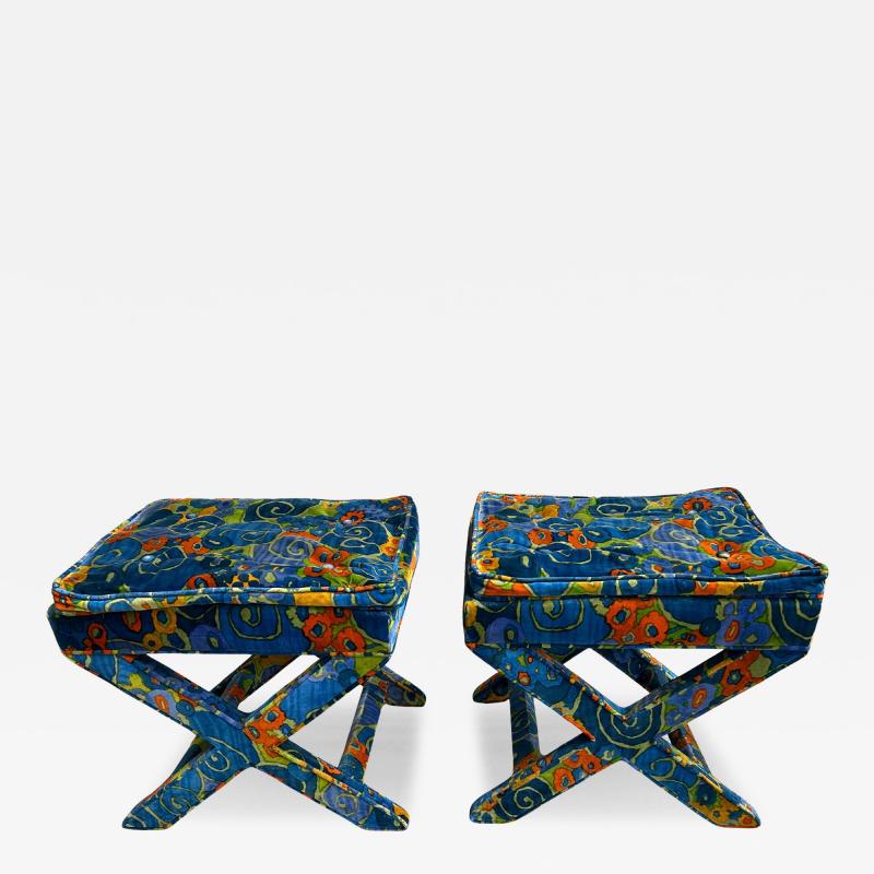 Jack Lenor Larsen Stunning Pair Jack Lenor Larsen Parson style Ottoman Stool Mid Century