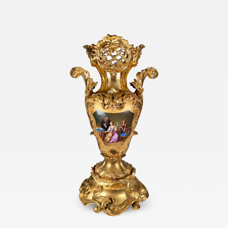 Jacob Petit ANTIQUE SEVRES STYLE GILT PORCELAIN PAINTED VASE IN THE MANNER OF JACOB PETIT