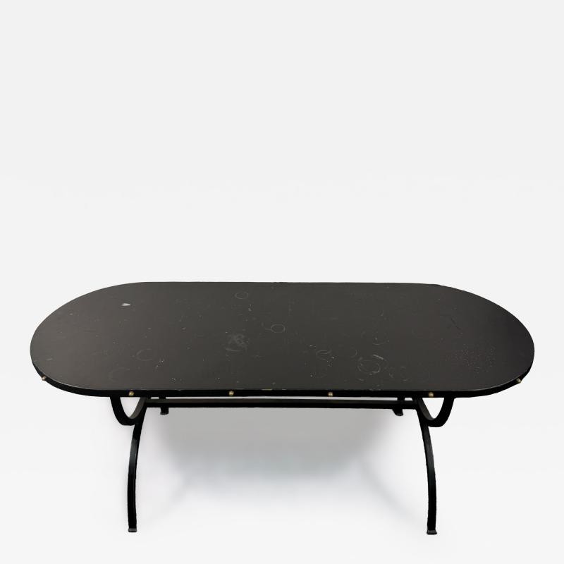 Jacques Adnet 1940s BLACK LEATHER BRASS STUDDED EDGE OBLONG COFFEE TABLE WITH BLACK IRON BASE