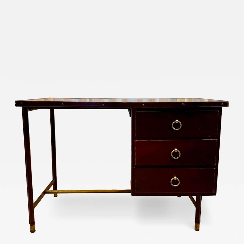 Jacques Adnet 1950s Dark Brown Stitched Leather Desk by Jacques Adnet
