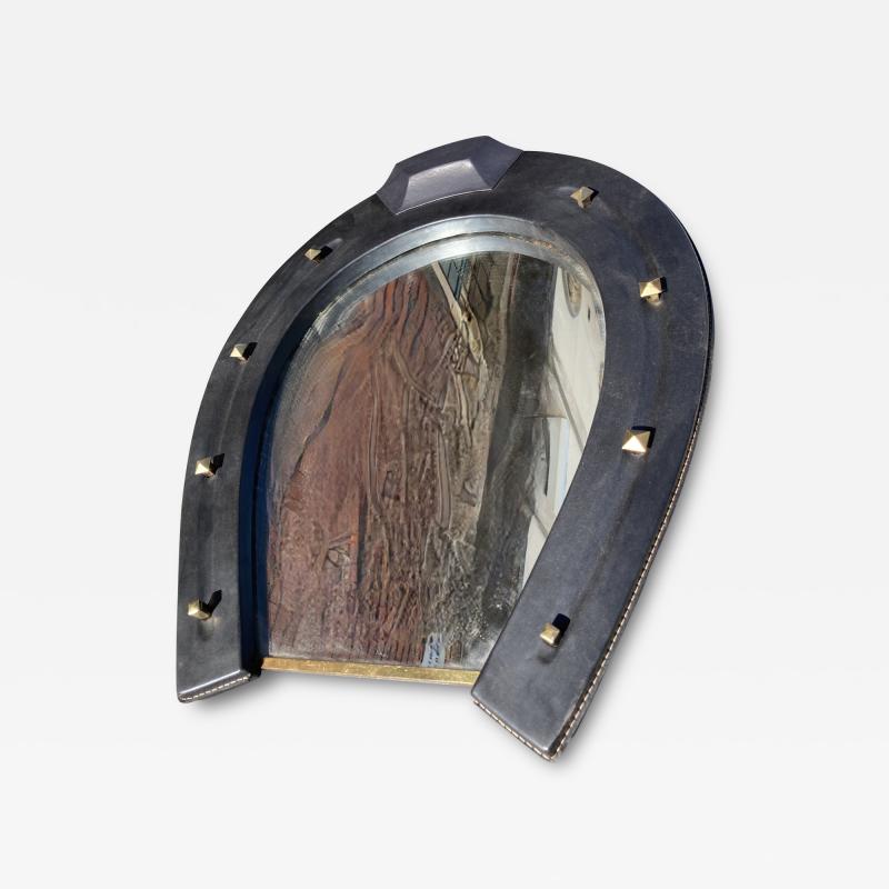 Jacques Adnet 1950s Horse shoe Stitched leather mirror by Jacques Adnet