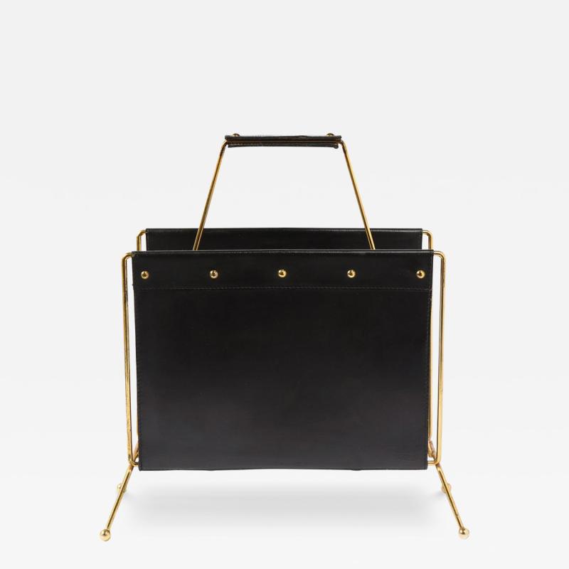 Jacques Adnet 1950s Mid Century Leather and Brass Adnet Style Magazine Stand