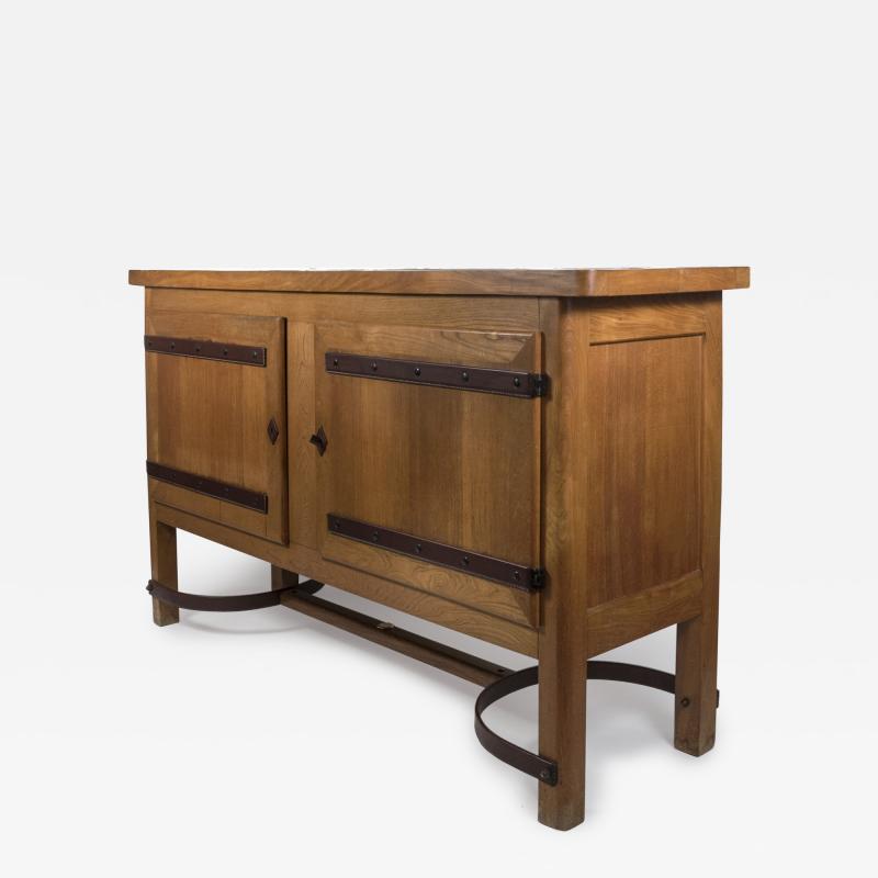 Jacques Adnet 1950s Oak and stitched leather sideboard by Jacques Adnet