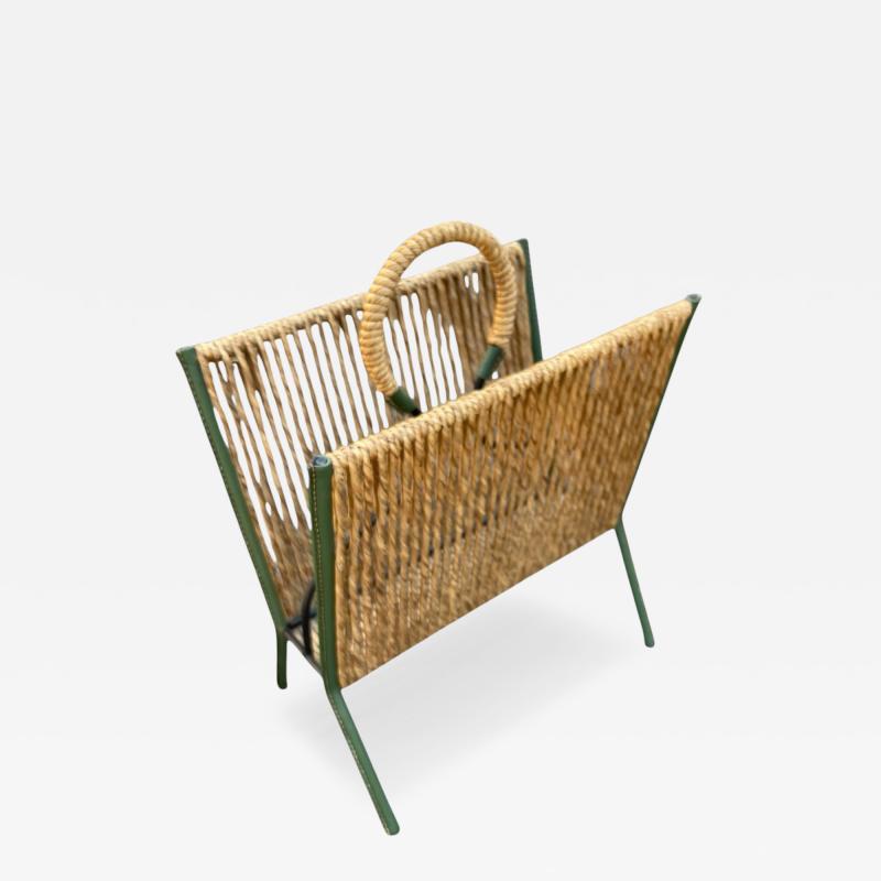 Jacques Adnet 1950s STitched leather and rope magazine rack by Jacques Adnet