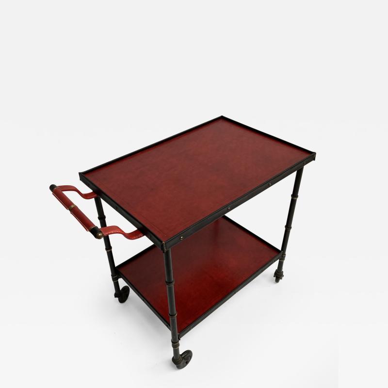 Jacques Adnet 1950s Stitched Leather Bar cart By Jacques Adnet