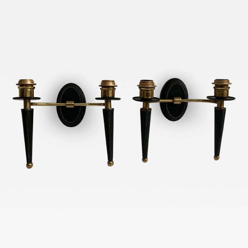 Jacques Adnet 1950s Stitched Leather Sconces By Jacques Adnet