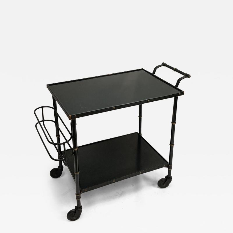 Jacques Adnet 1950s Stitched Leather and metal bar cart by Jacques Adnet