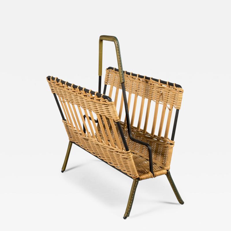 Jacques Adnet 1950s Stitched Leather and rattan magazine rack By Jacques Adnet