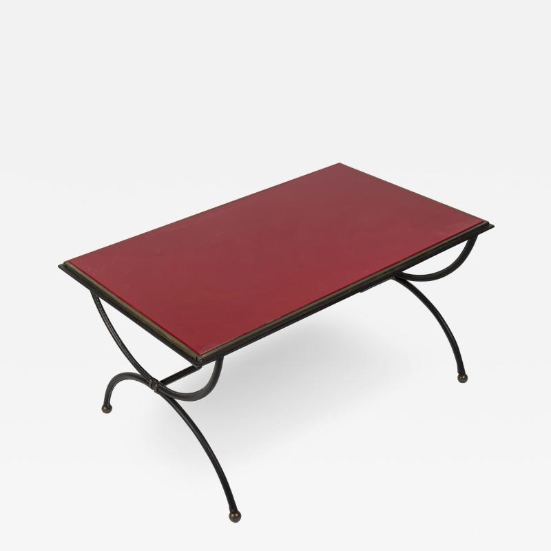 Jacques Adnet 1950s Stitched leather Cocktail table with red opaline top by Jacques Adnet