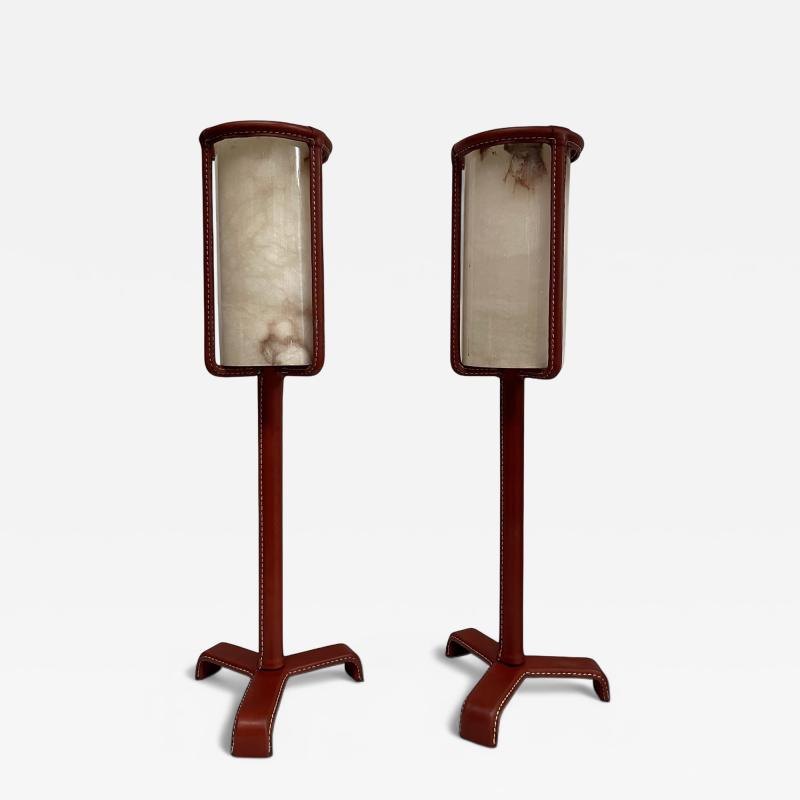 Jacques Adnet 1950s Stitched leather and albaster lamps by Jacques Adnet