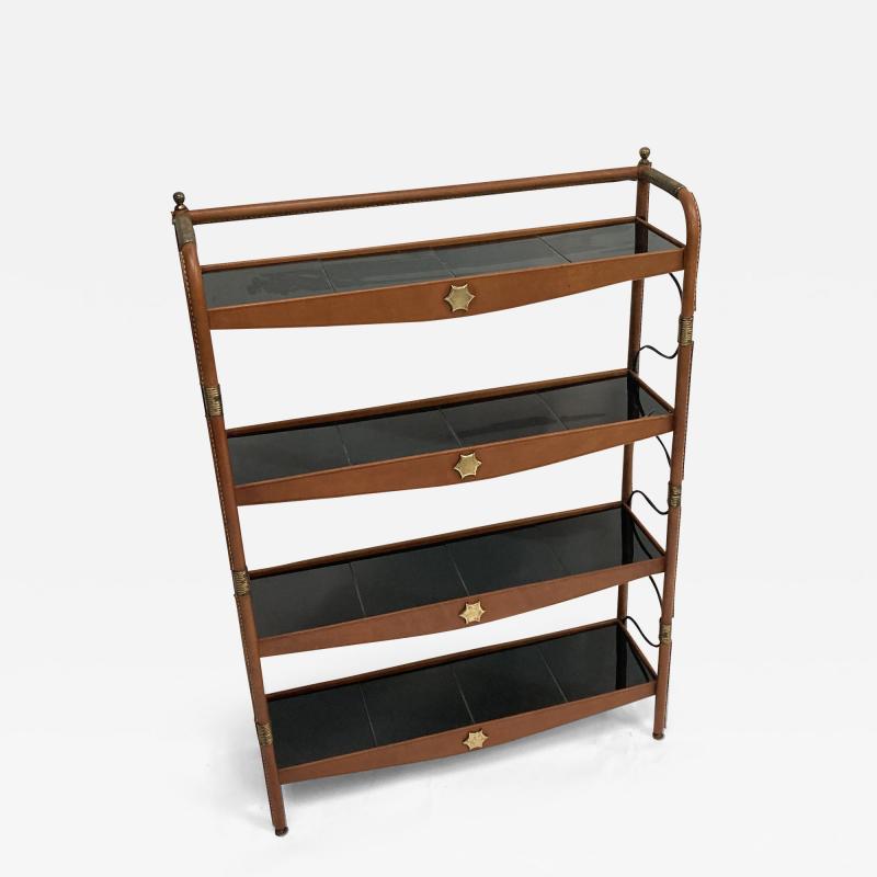 Jacques Adnet 1950s Stitched leather and ceramic shelve by Jacques Adnet