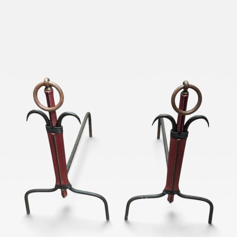 Jacques Adnet 1950s Stitched leather and metal andirons by Jacques ADNET