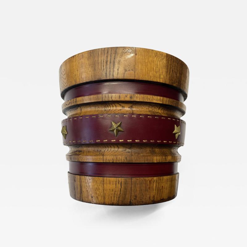 Jacques Adnet 1950s Stitched leather and oak paper bin by Jacques Adnet