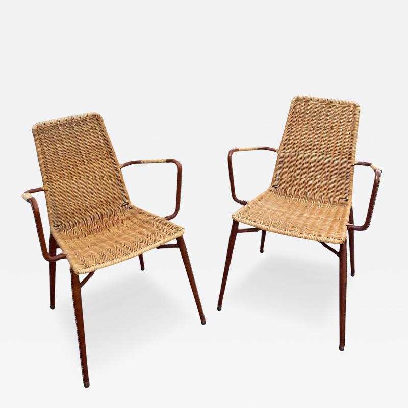 Jacques Adnet 1950s Stitched leather and rattan armchairs by Jacques ADNET