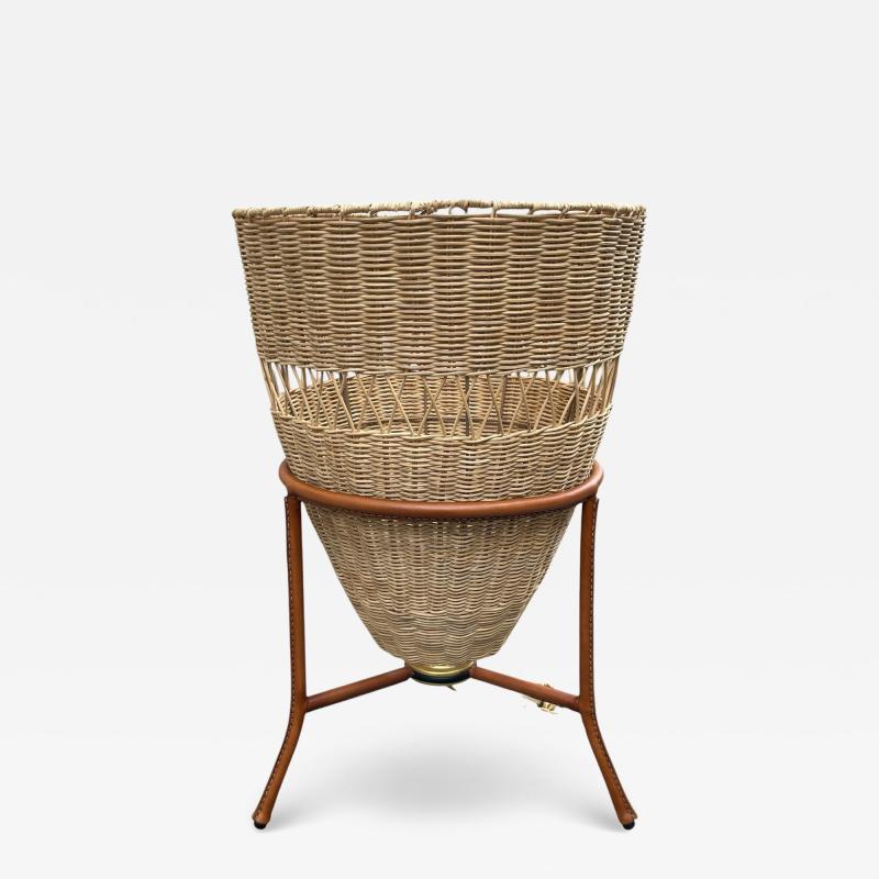 Jacques Adnet 1950s Stitched leather and rattan lamp by Jacques Adnet