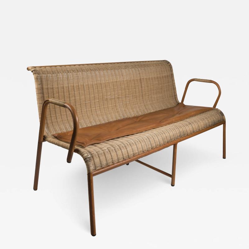 Jacques Adnet 1950s Stitched leather and rattan sofa by Jacques Adnet