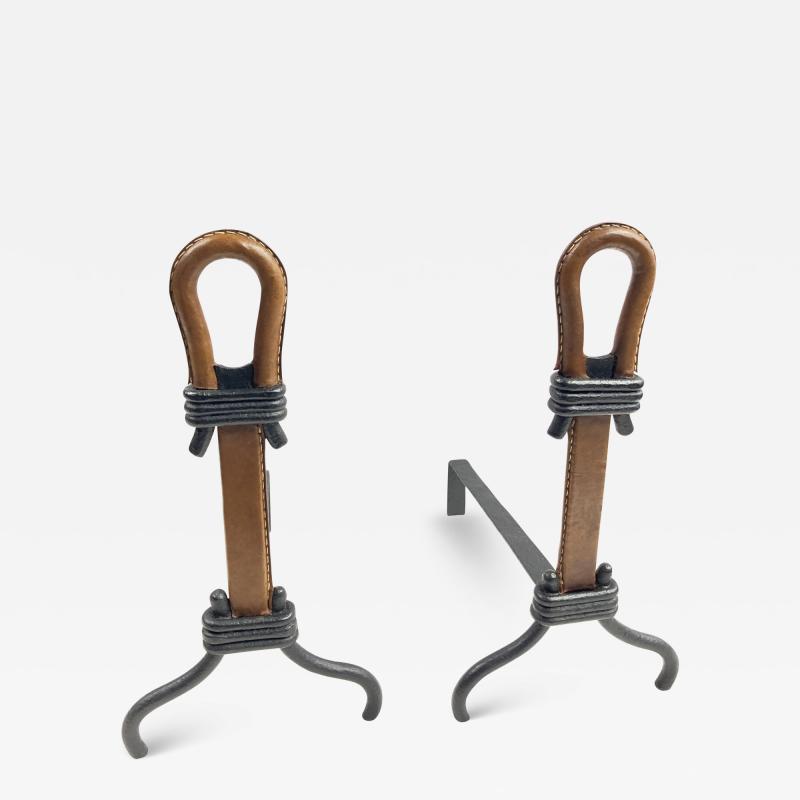 Jacques Adnet 1950s Stitched leather andirons by Jacques Adnet