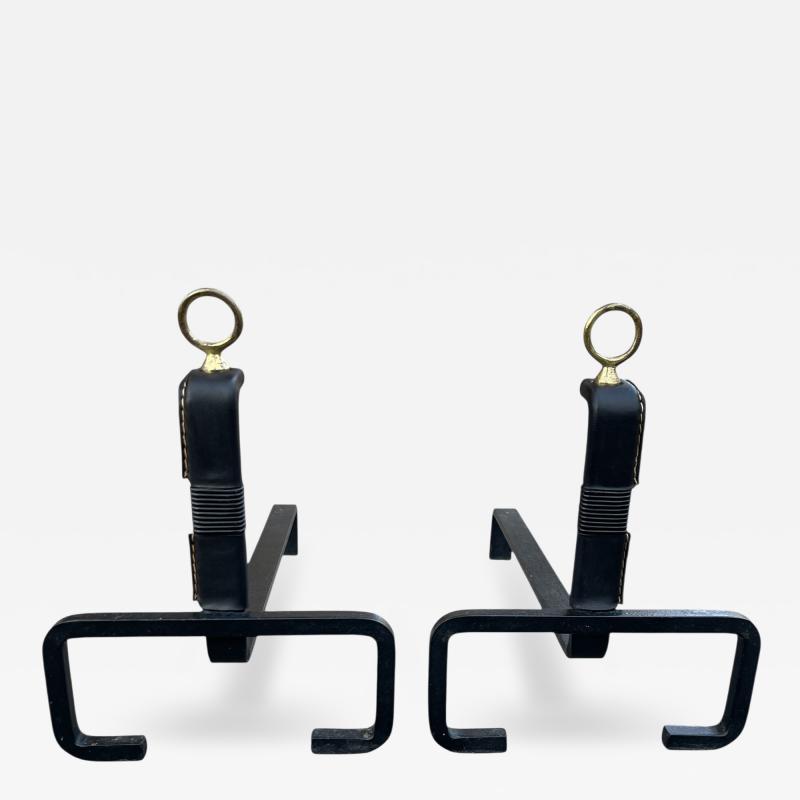 Jacques Adnet 1950s Stitched leather andirons by Jacques Adnet