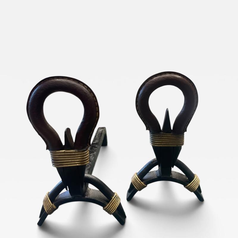 Jacques Adnet 1950s Stitched leather andirons by Jacques Adnet