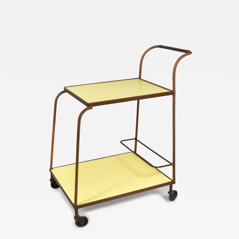 Jacques Adnet 1950s Stitched leather bar cart by Jacques Adnet