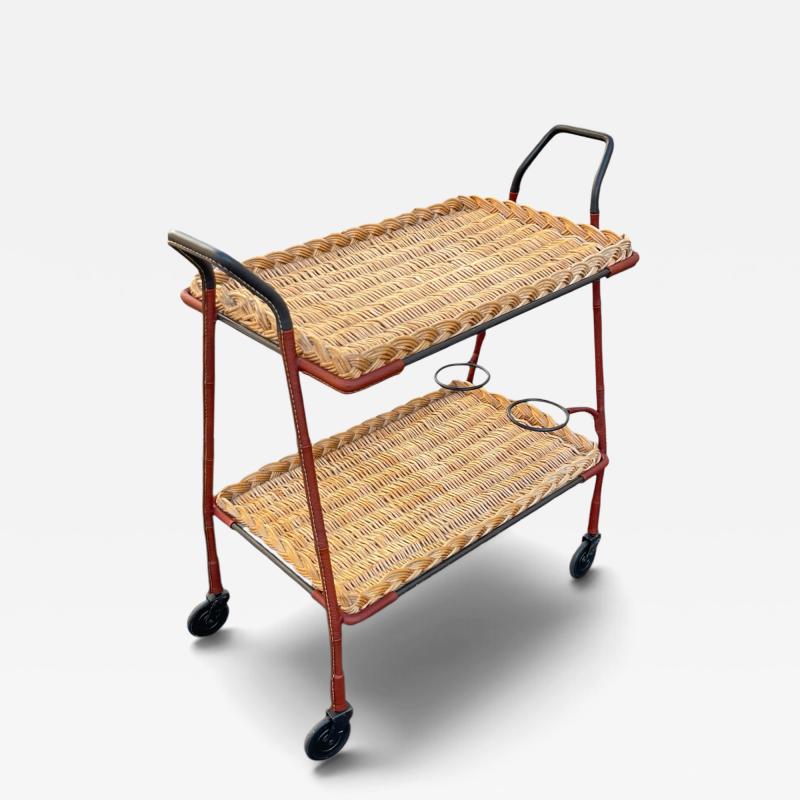 Jacques Adnet 1950s Stitched leather bar cart by Jacques Adnet