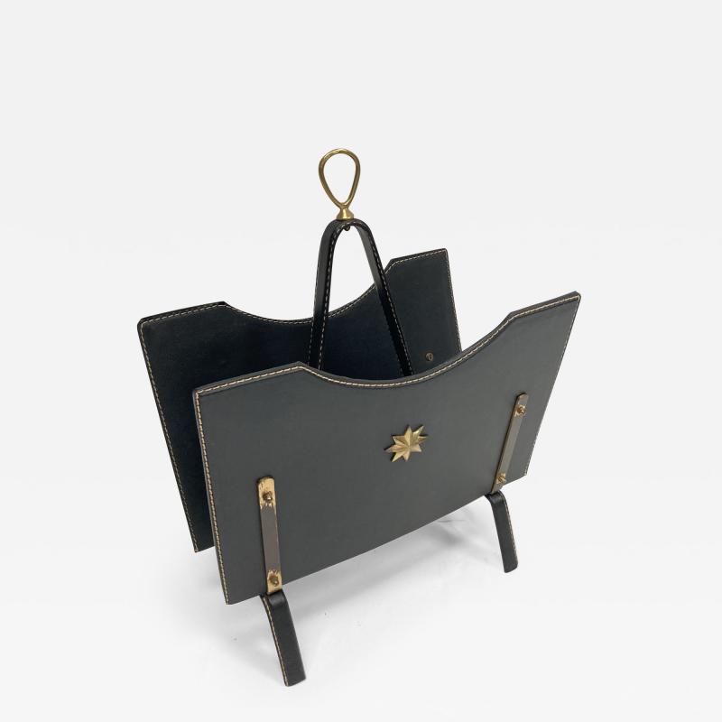 Jacques Adnet 1950s Stitched leather book rack by Jacques Adnet