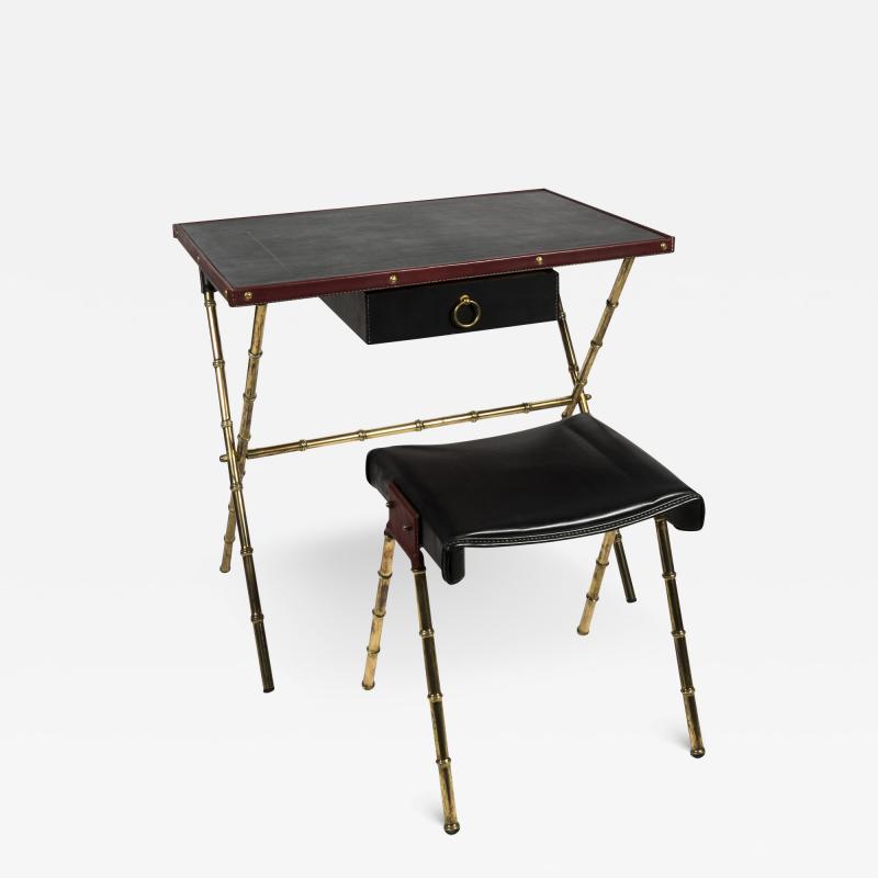 Jacques Adnet 1950s Stitched leather desk and stools By Jacques Adnet