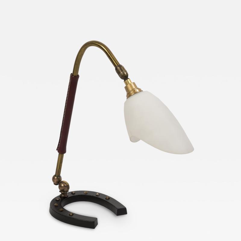 Jacques Adnet 1950s Stitched leather lamp with shoe horse base by Jacques Adnet