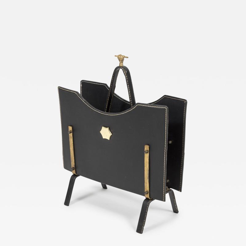 Jacques Adnet 1950s Stitched leather magazine rack by Jacques Adnet