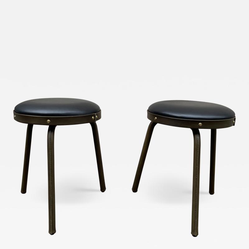 Jacques Adnet 1950s Stitched leather pair of stools by Jacques Adnet