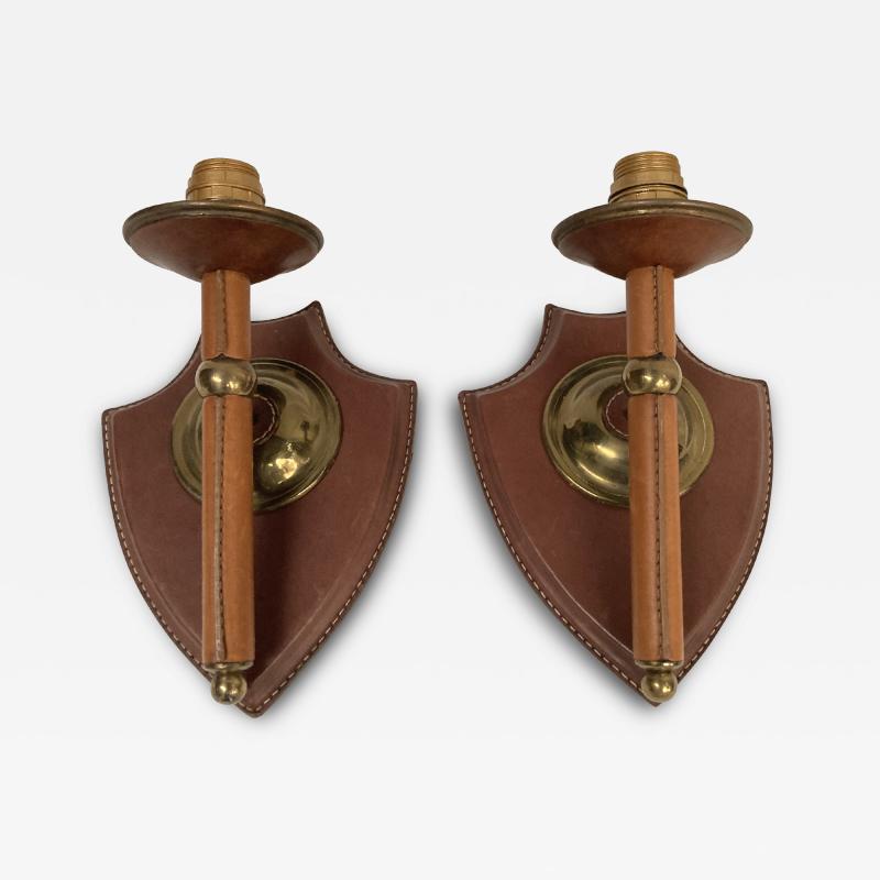 Jacques Adnet 1950s Stitched leather sconces by Jacques Adnet