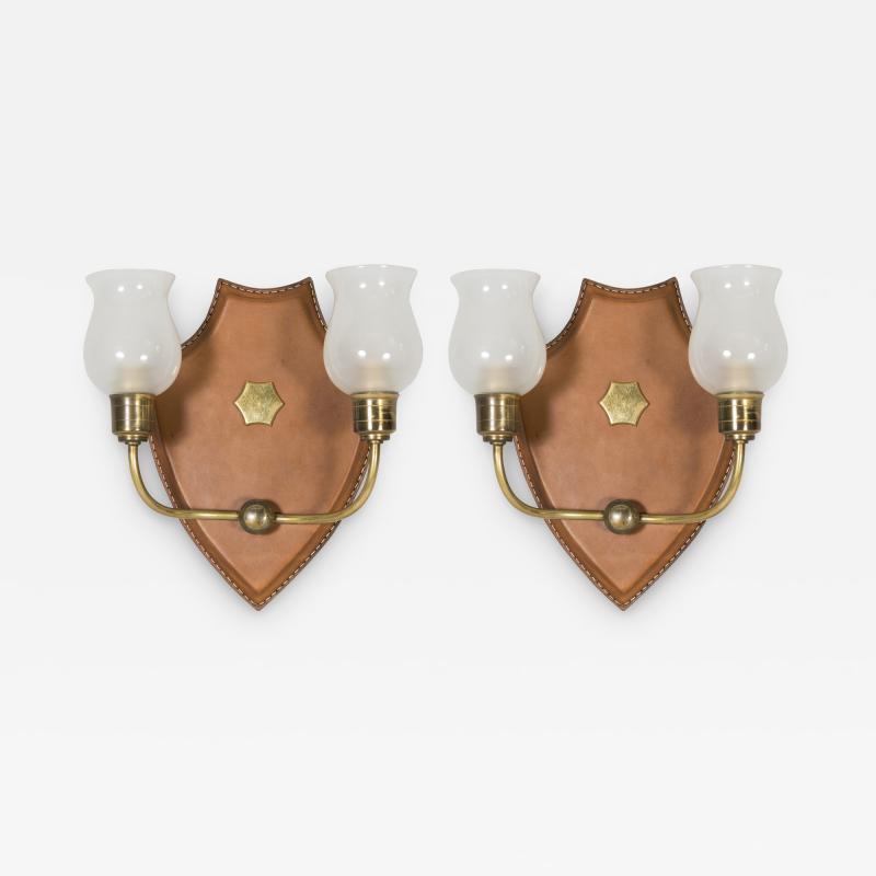Jacques Adnet 1950s Stitched leather two lights sconces by Jacques Adnet