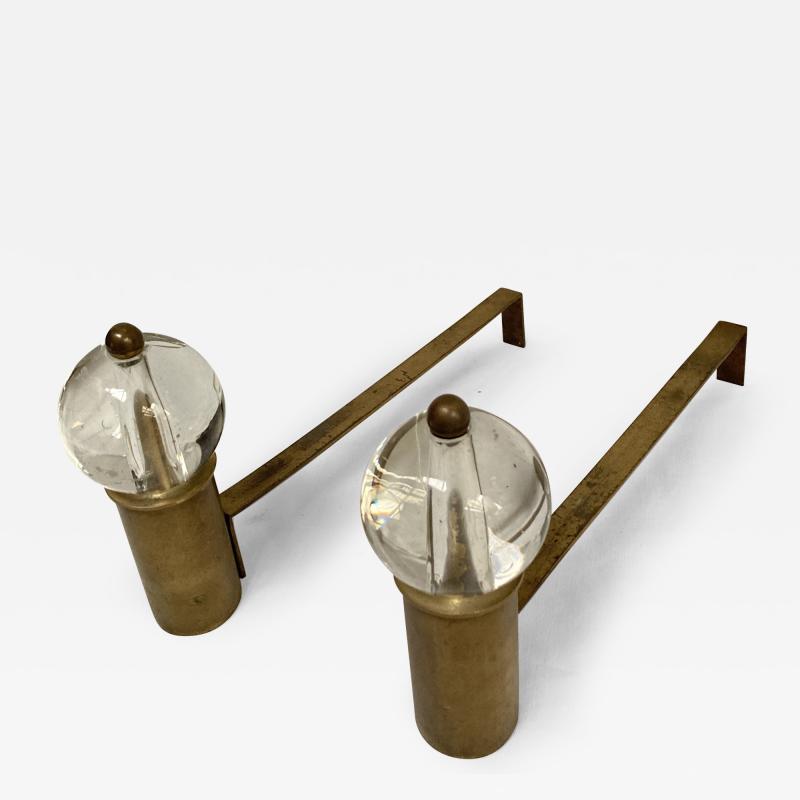 Jacques Adnet 1950s cristal ball andirons in the style of Jacques Adnet