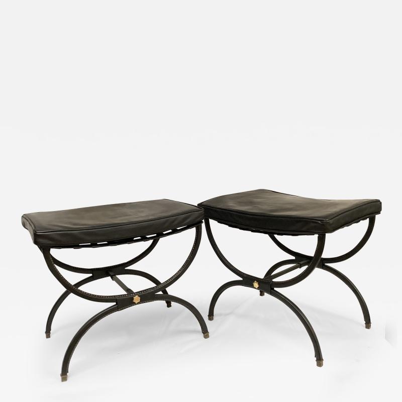 Jacques Adnet 1950s pair of stitched leather Ottomans by Jacques Adnet