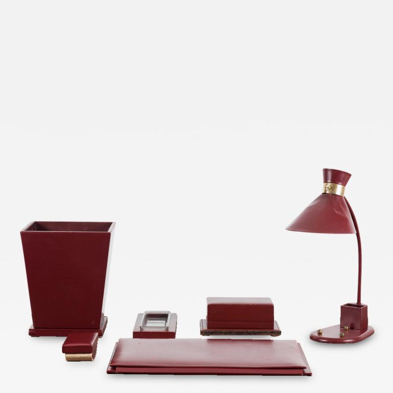 Jacques Adnet Adnet Style Burgundy Leather Desk Set with Task Lamp France 1930s
